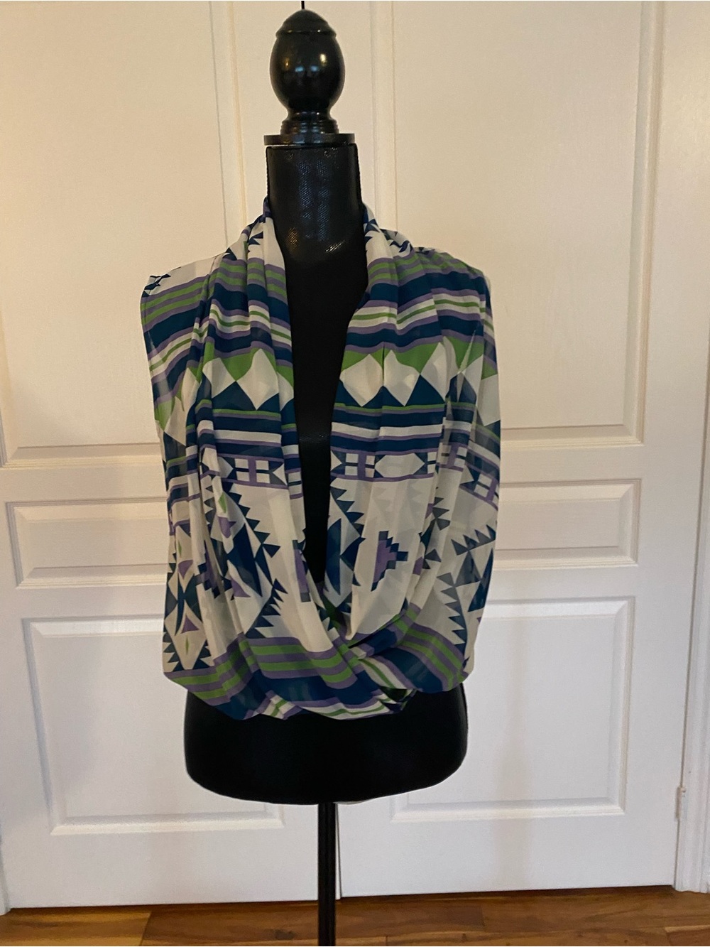 Geometric Print Infinity Scarf Top - Blue, Green, Ivory